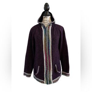 Boho Hooded Zip Jacket Purple Knit Ethnic Woven Trim Festival Artisan Small